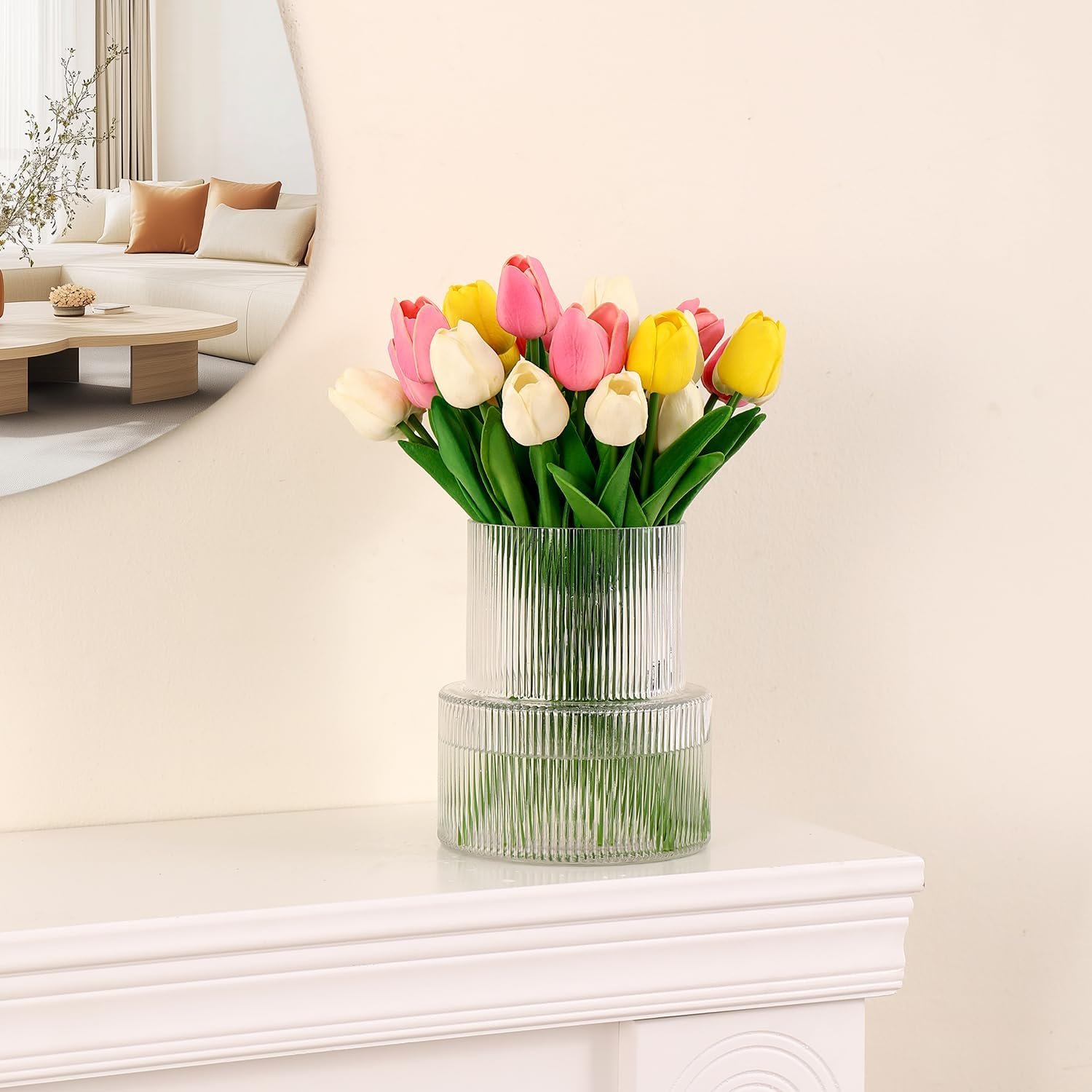 Glasvase, gerippte Vase für Blumen, Blumenvasen für Tulpen, geriffelte durchsichtige Vasen für Wohnzimmer, Esszimmer, Schlafzimmer, Regal, Hochzeit, Büro, Couchtisch, Geburtstag, 19 cm