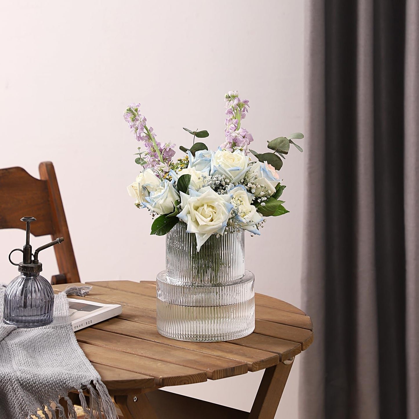 Glasvase, gerippte Vase für Blumen, Blumenvasen für Tulpen, geriffelte durchsichtige Vasen für Wohnzimmer, Esszimmer, Schlafzimmer, Regal, Hochzeit, Büro, Couchtisch, Geburtstag, 19 cm