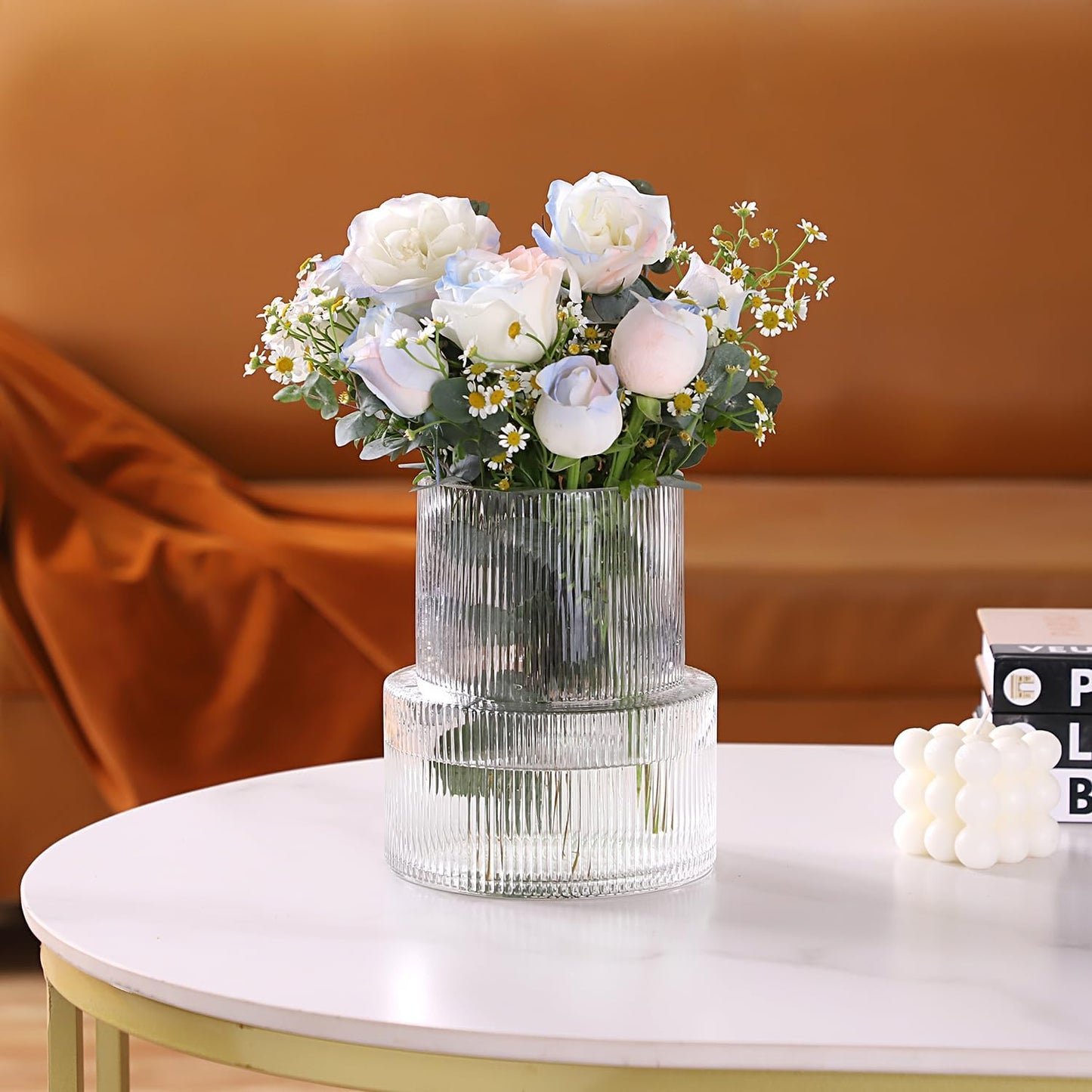 Glasvase, gerippte Vase für Blumen, Blumenvasen für Tulpen, geriffelte durchsichtige Vasen für Wohnzimmer, Esszimmer, Schlafzimmer, Regal, Hochzeit, Büro, Couchtisch, Geburtstag, 19 cm