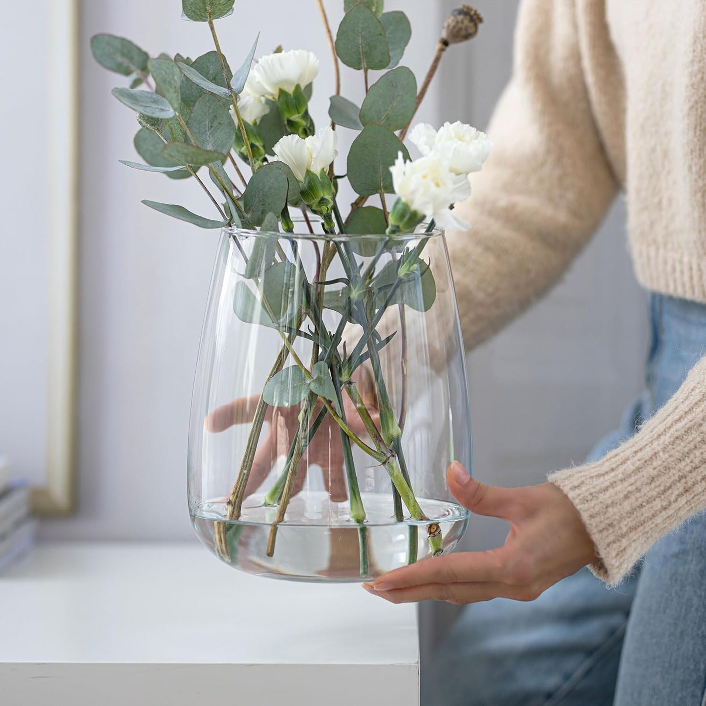 TREND FOR HOME Glasvase groß H: 22,7 cm Vase für Pampasgras Glas, Blumenvase für Pampasgras, Vasen Glas für Hochzeitstulpen Weite Öffnung, Ø 19 cm, Zinnia